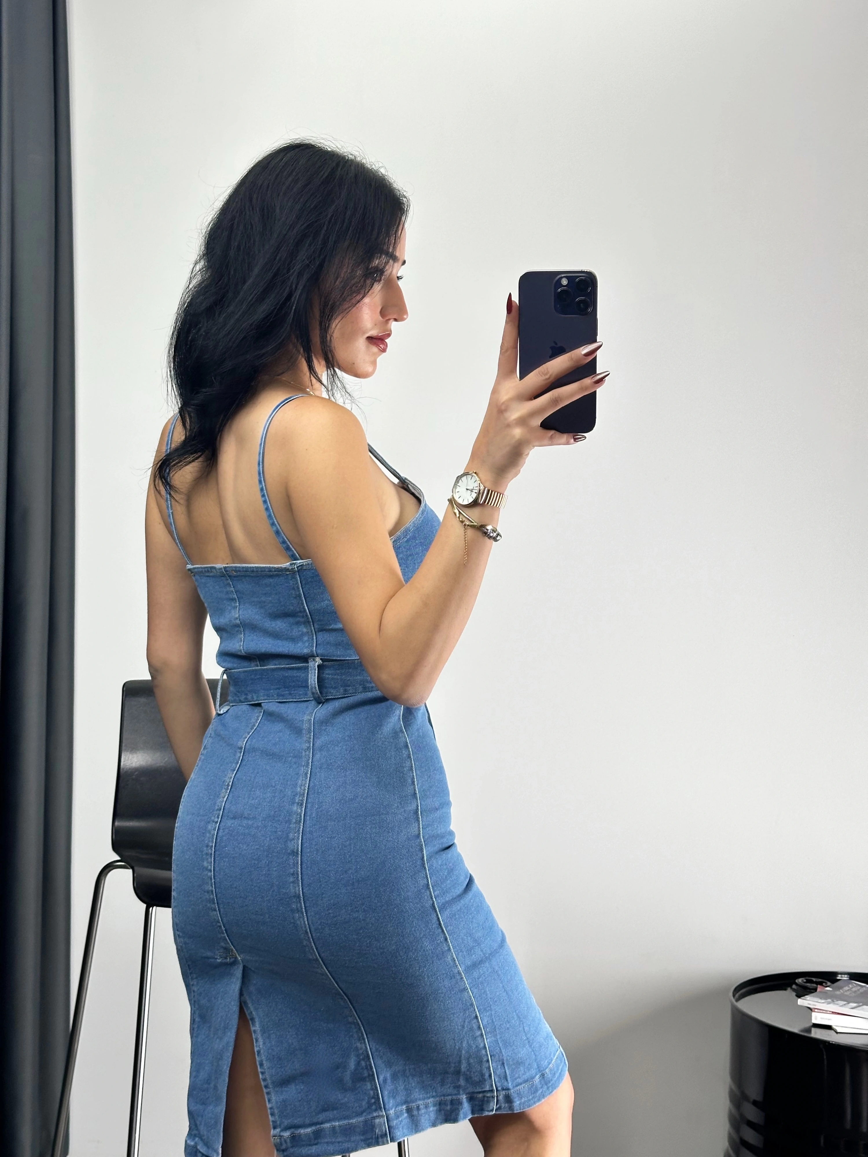 Düğmeli Kemerli Kot Elbise