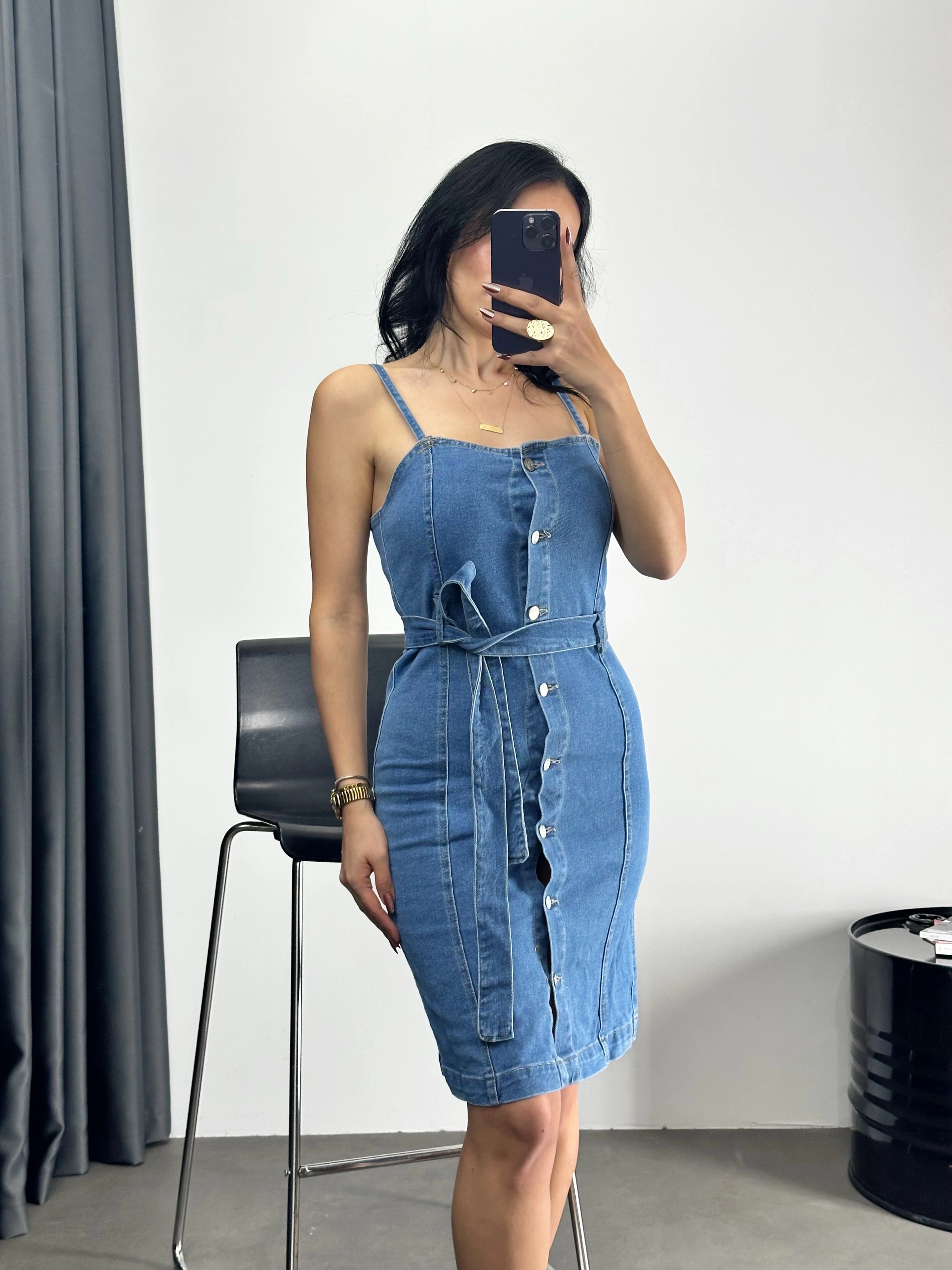 Düğmeli Kemerli Kot Elbise