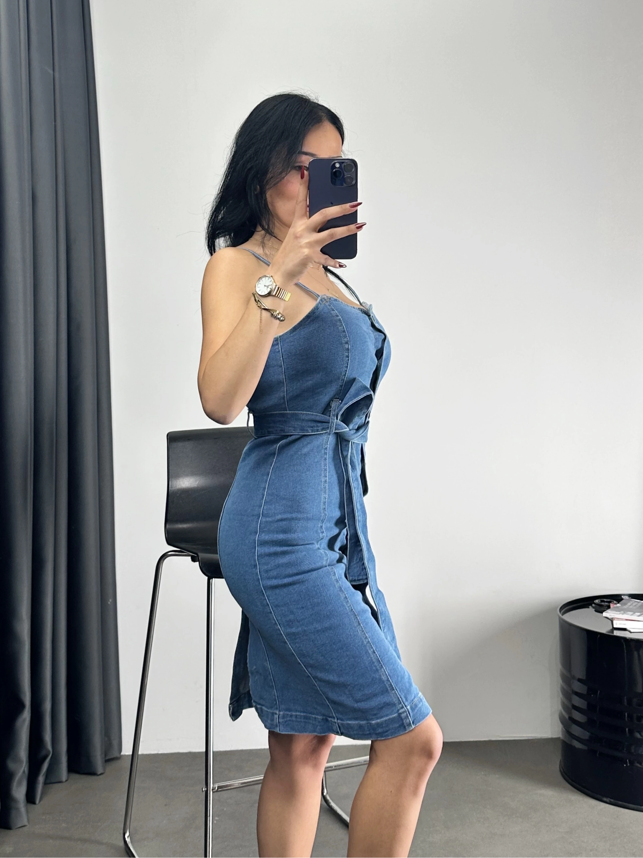 Düğmeli Kemerli Kot Elbise