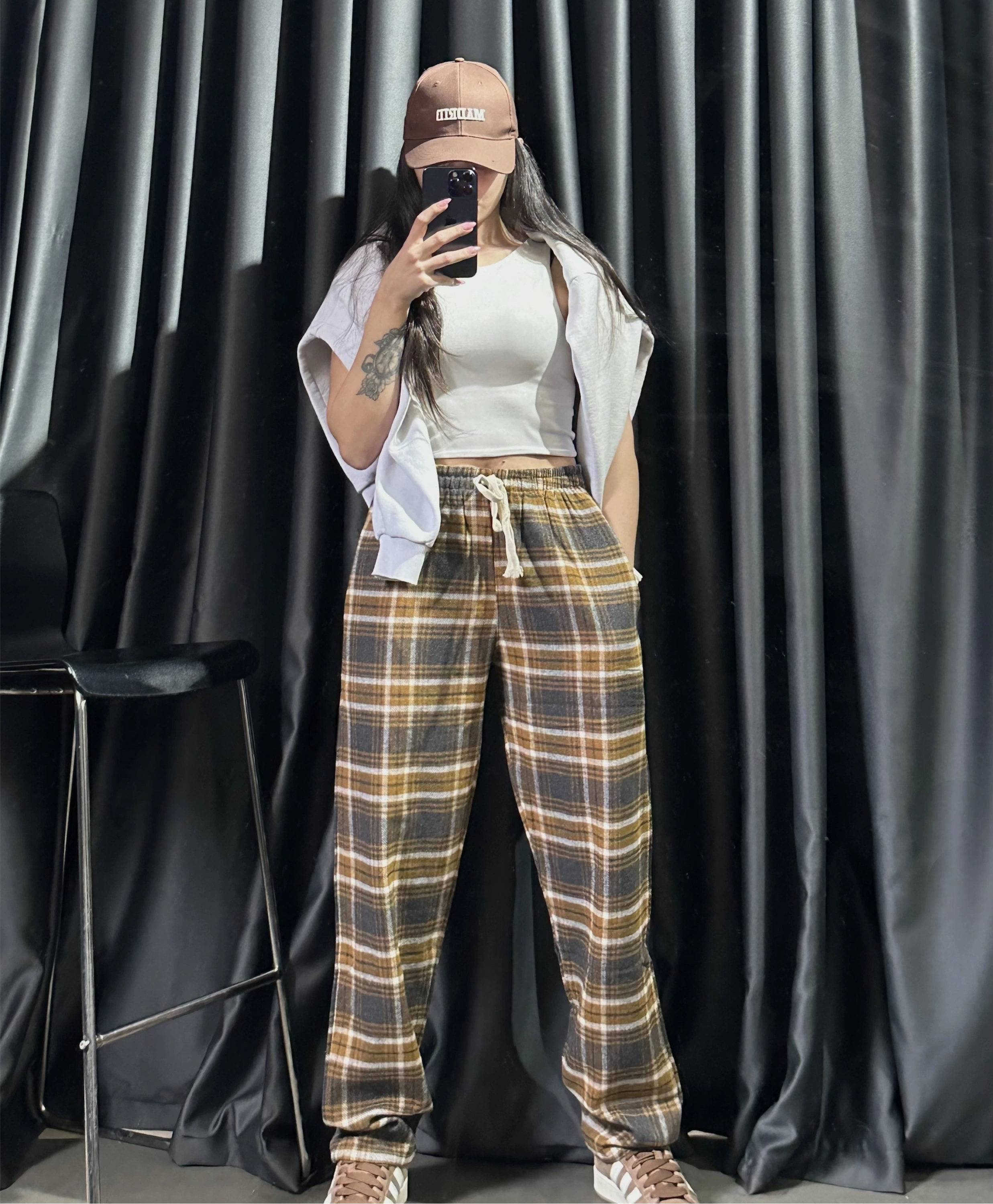 Ekose Desen Unisex Eşofman-Kahverengi