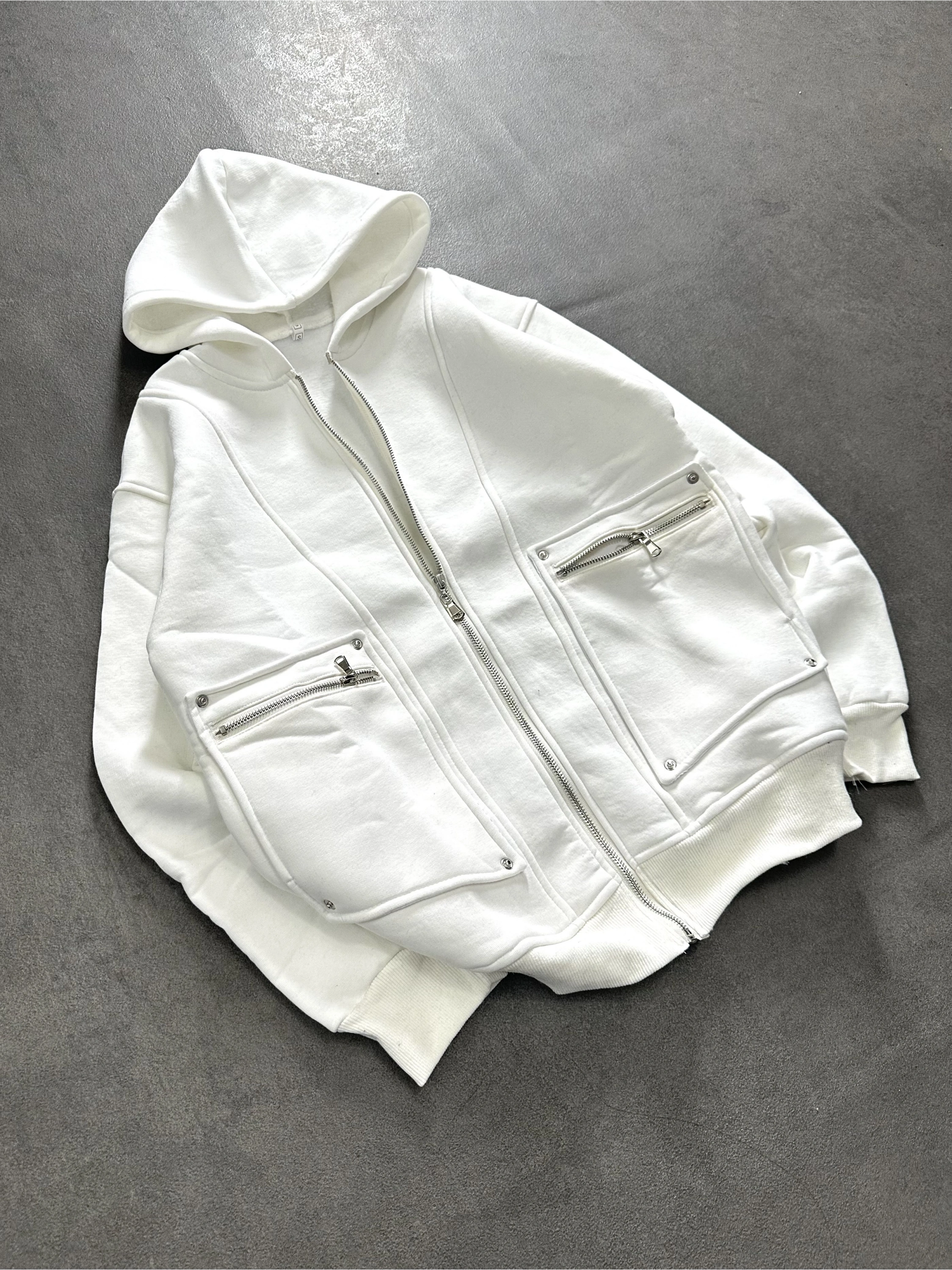 Fermuarlı Cepli Şardonlu Hırka-Beyaz