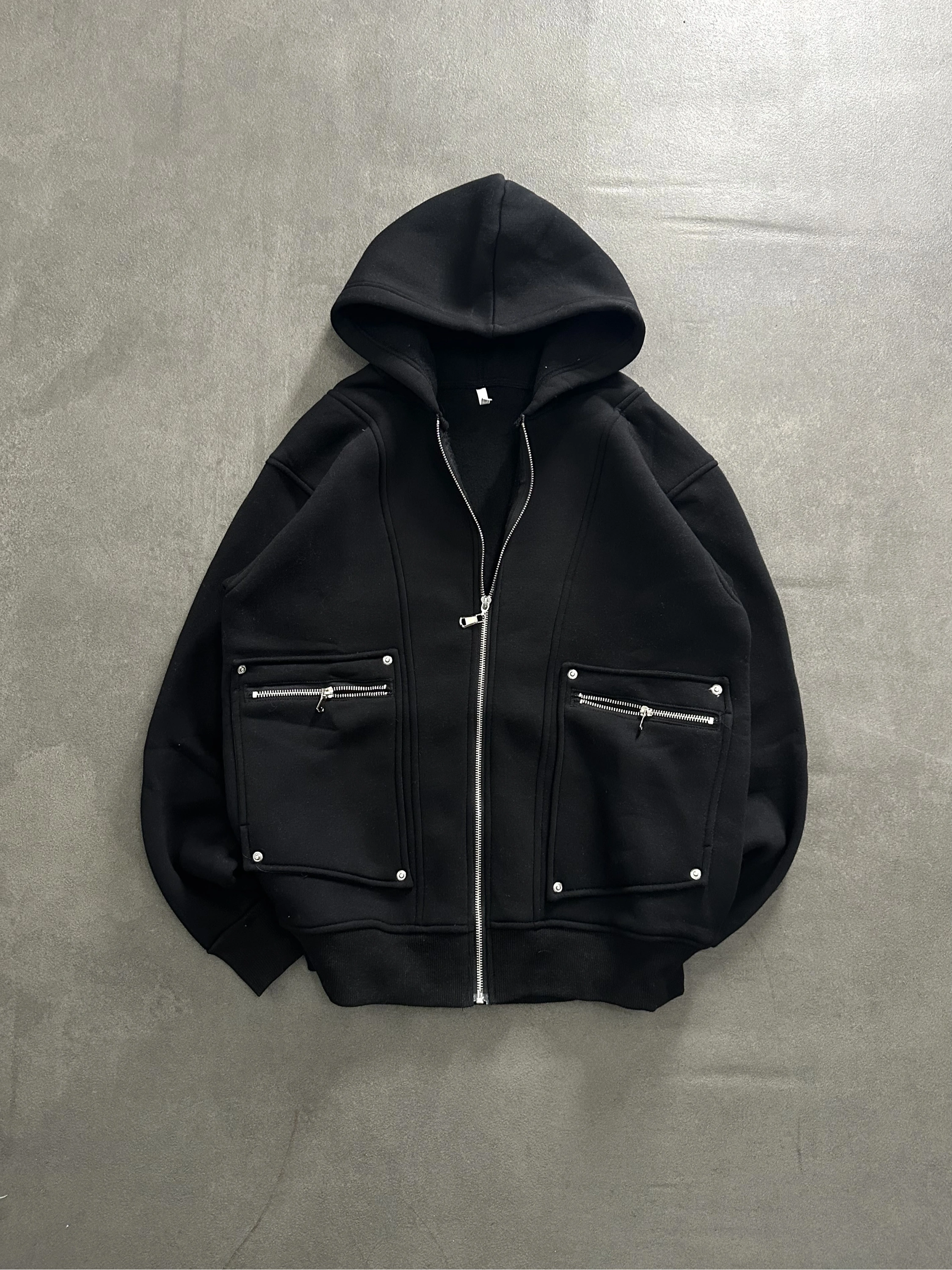 Fermuarlı Cepli Şardonlu Hırka-Siyah