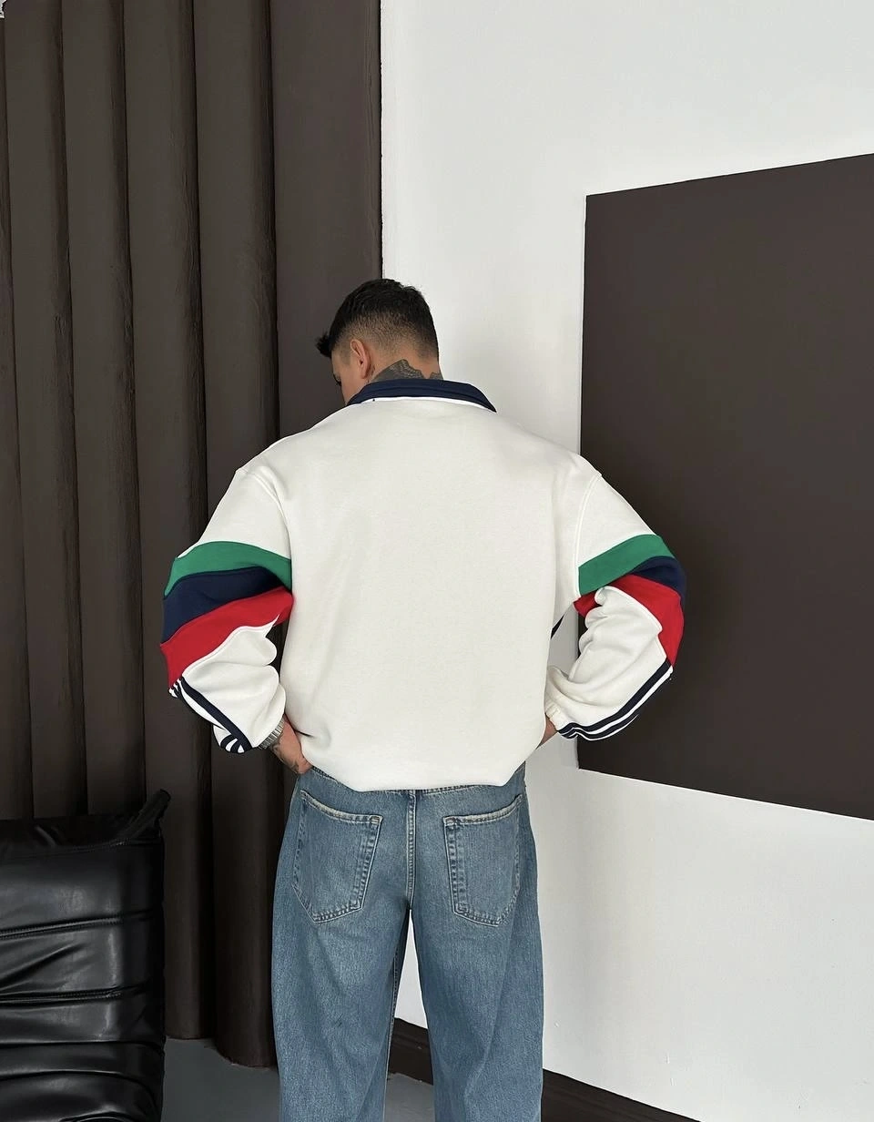 ITL Kol Parçalı Unisex Sweatshirt-Beyaz