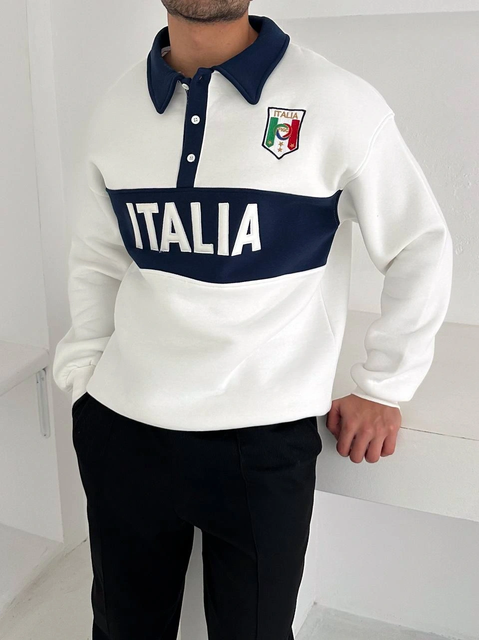 ITL Parçalı Şardonlu Sweatshirt-Beyaz