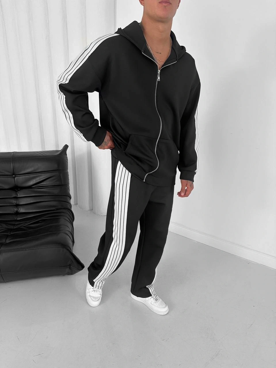Kapüşonlu Şardonlu Eşofman Takımı-Siyah