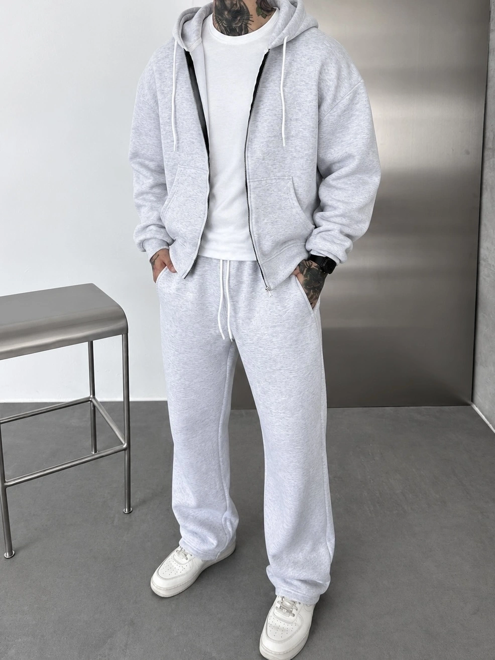 Kapüşonlu Şardonlu Unisex Eşofman Takımı-Gri