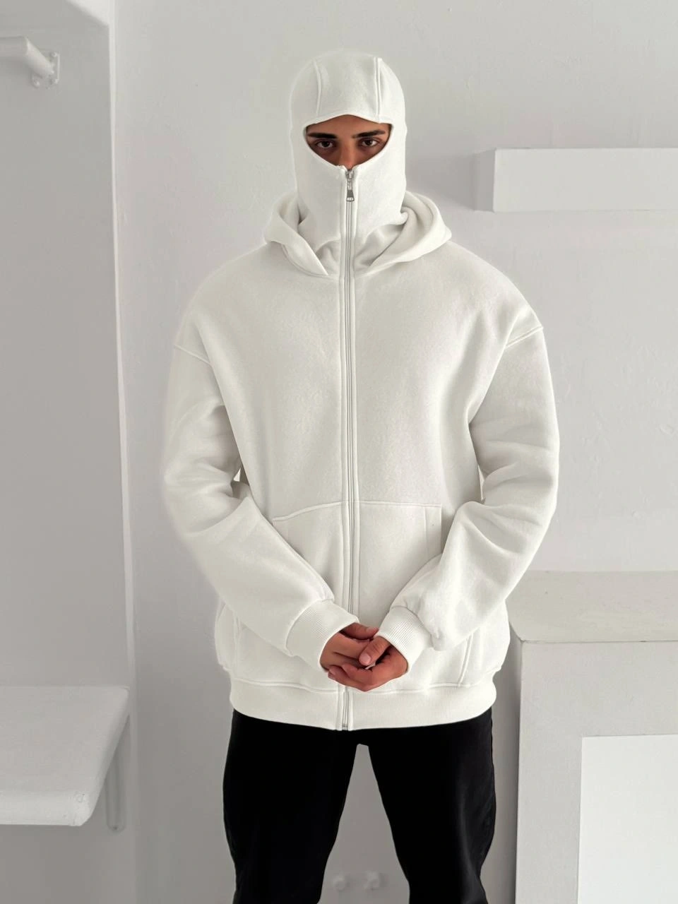 Maskeli Basic Şardonlu Unisex Hırka-Beyaz