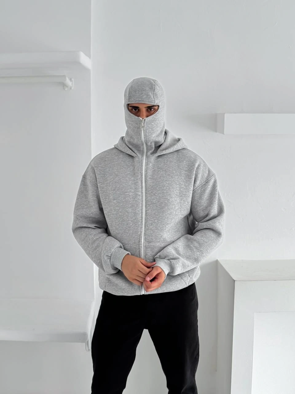 Maskeli Basic Şardonlu Unisex Hırka-Gri