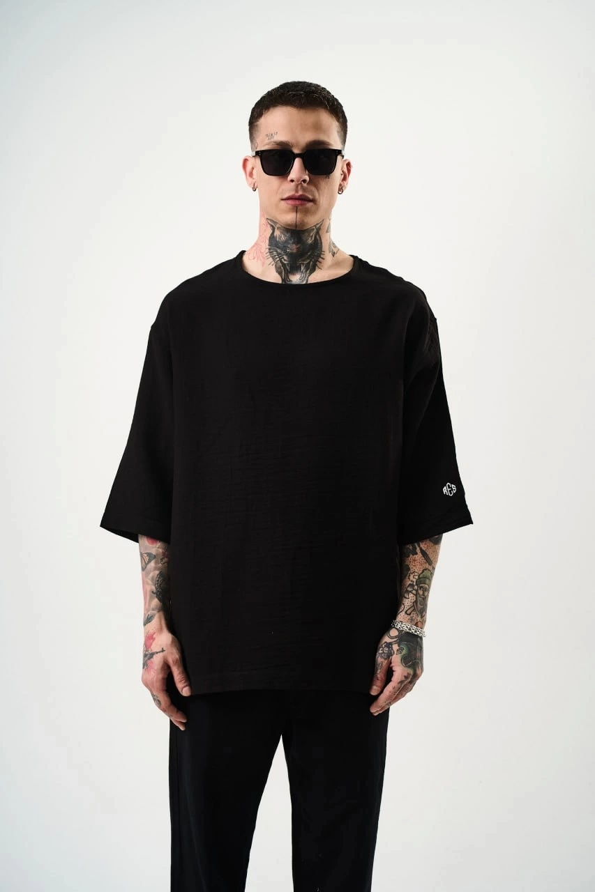Müslin Kumaş Fakir Kol Tshirt - Siyah