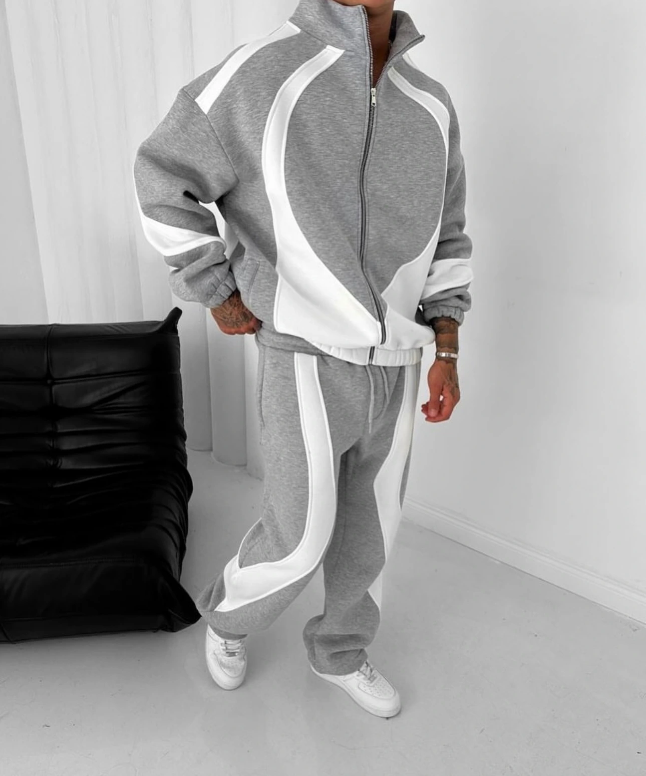Parçalı Şardonlu Unisex Eşofman Takımı-Gri