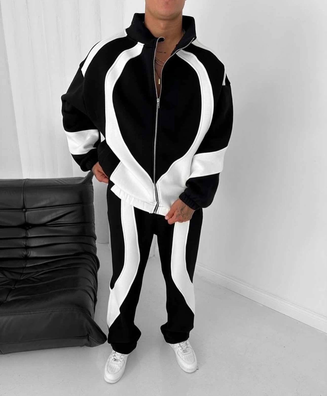 Parçalı Şardonlu Unisex Eşofman Takımı-Siyah