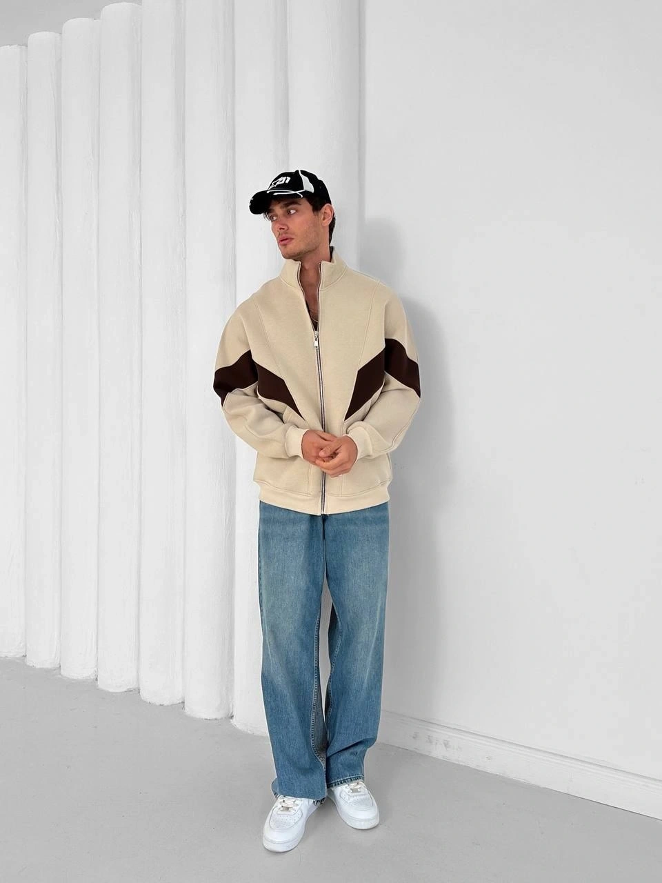 Parçalı Şardonlu Unisex Hırka-Krem