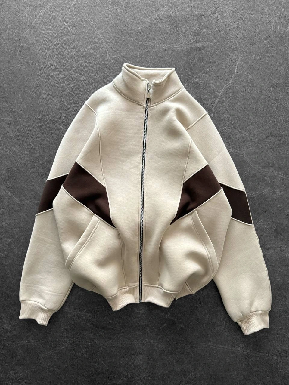 Parçalı Şardonlu Unisex Hırka-Krem