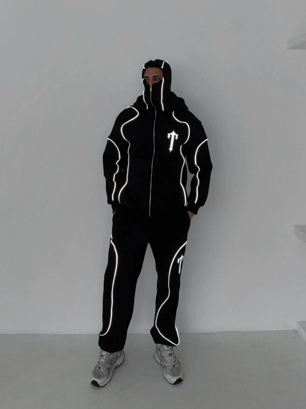 Reflektörlü Maskeli Unisex Eşofman Takımı-Siyah