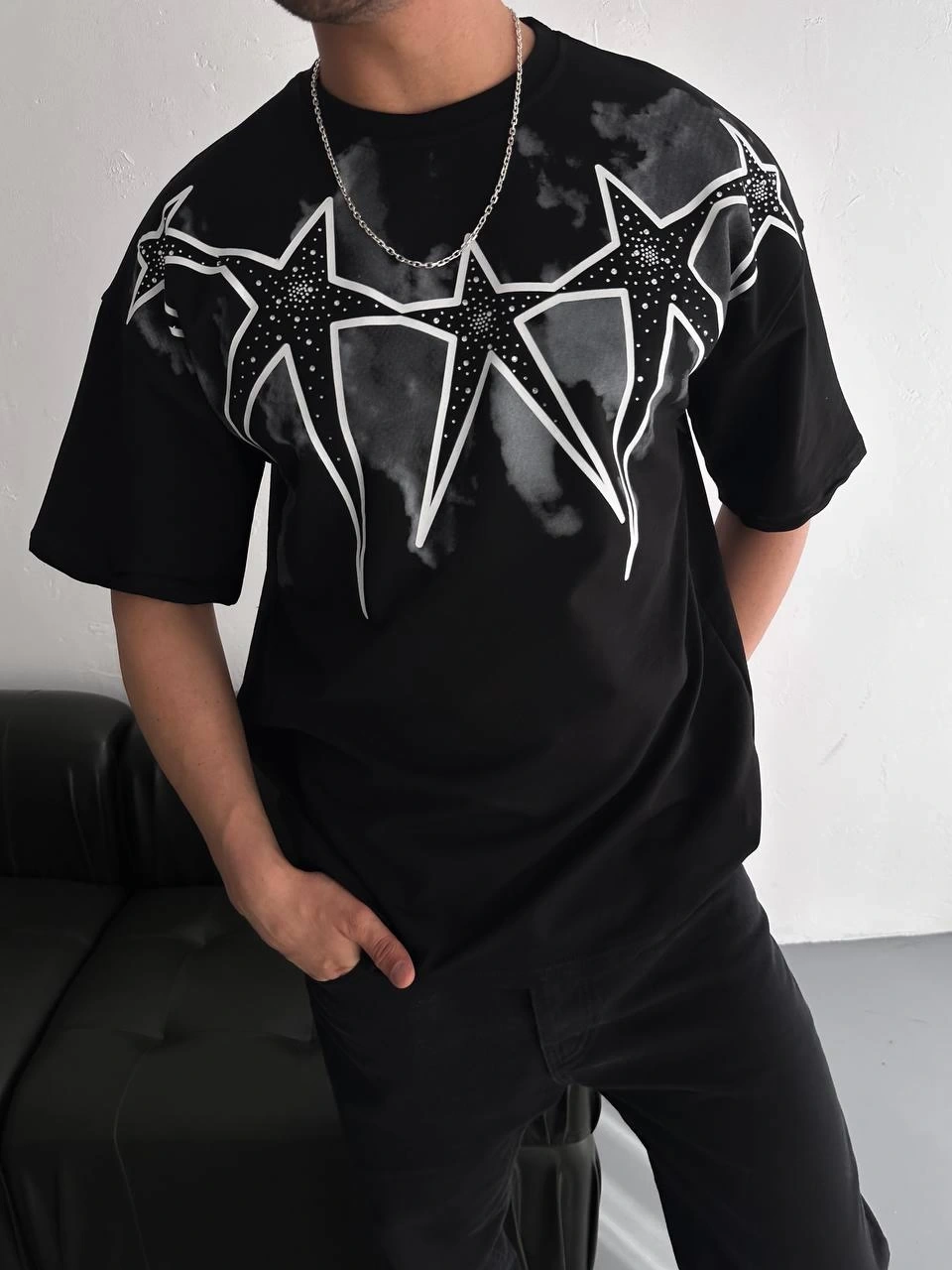 Star Kaplama Unisex Tshirt - Siyah