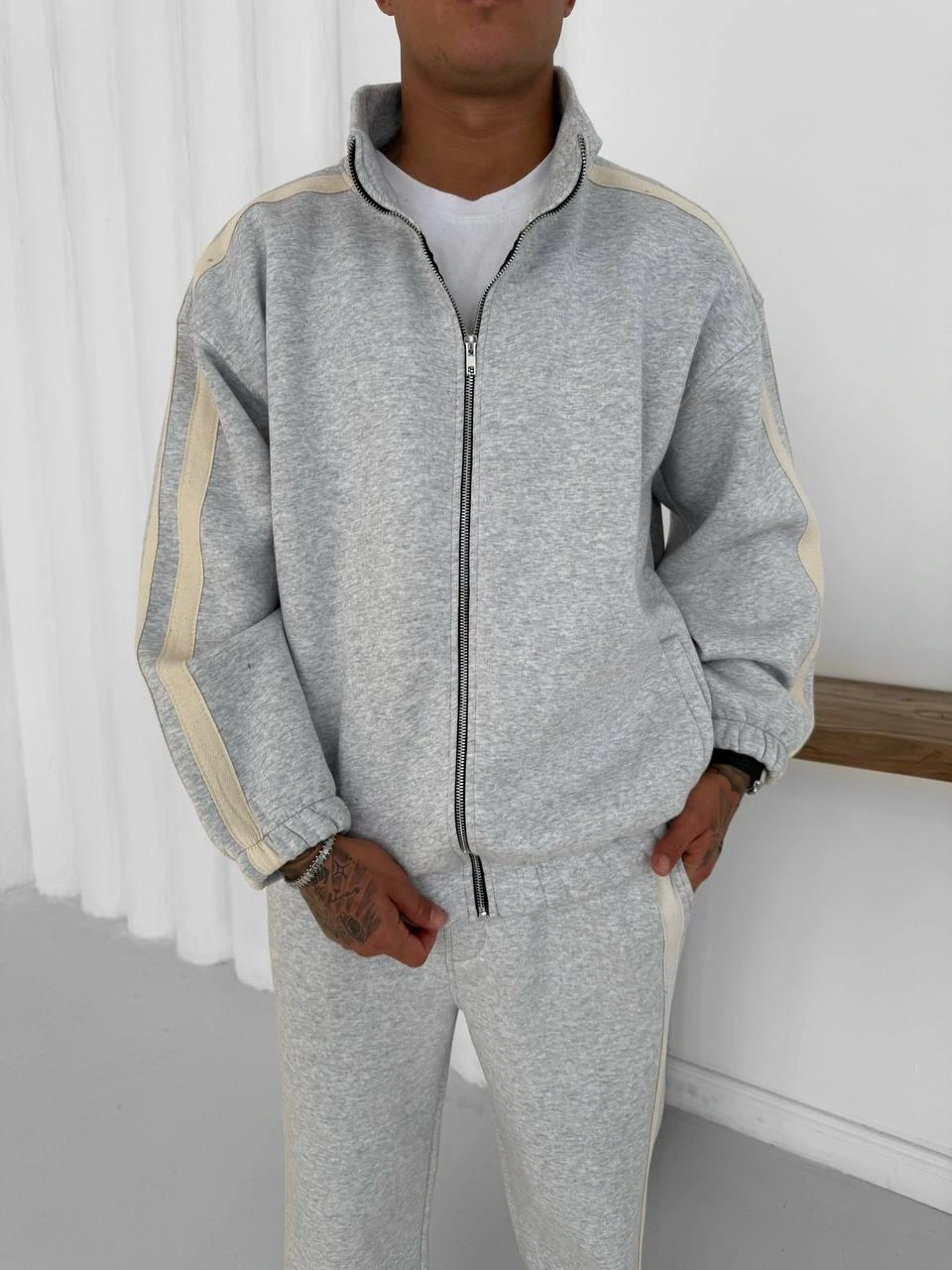 Yan Şeritll Şardonlu Unisex Eşofman Takımı-Gri