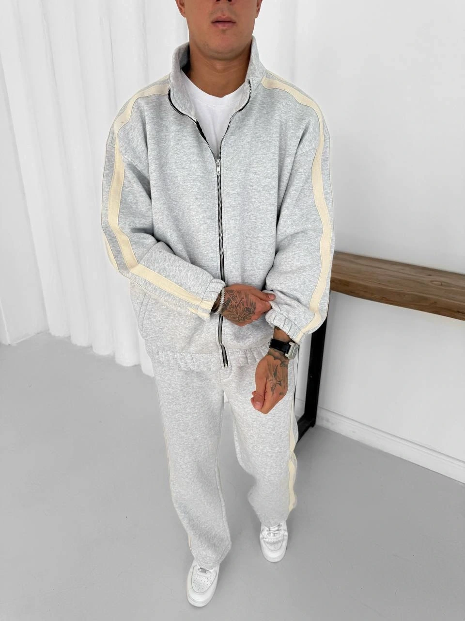 Yan Şeritll Şardonlu Unisex Eşofman Takımı-Gri