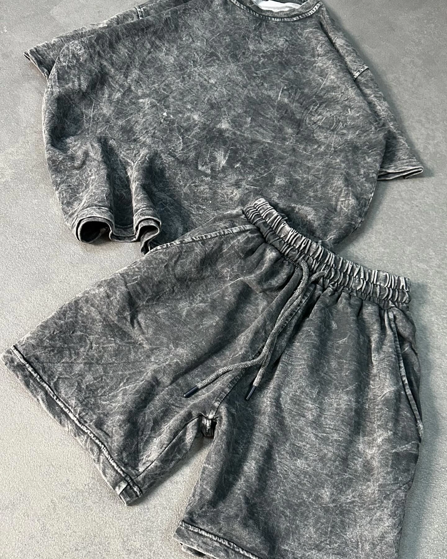 Yıkamalı Unisex Şortlu Takım-Gri