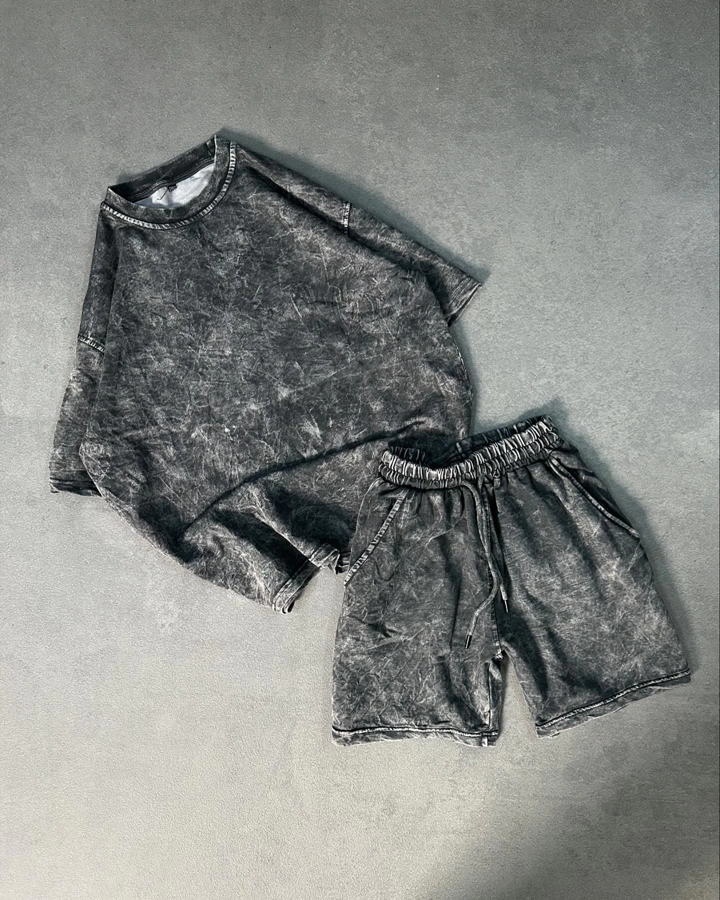 Yıkamalı Unisex Şortlu Takım-Gri