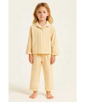 LACİEL PARİS Sarı Çizgili Pijama Set + Çanta Hediyeli