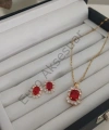 Kırmızı Taş Detaylı Çelik Kolye, Küpe Seti