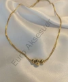 Top Detaylı Çift Zincirli Gold Çelik Kolye