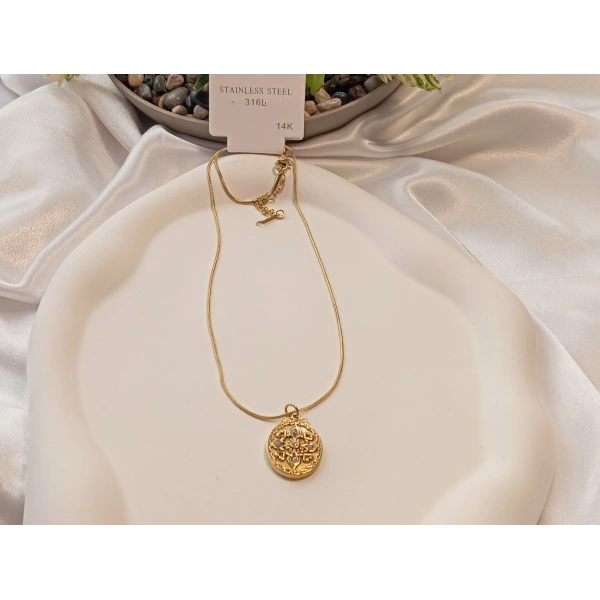 14 K Kaplama Antik Desen Figürlü Çelik Kolye