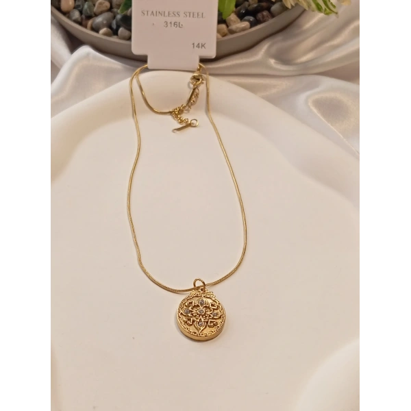14 K Kaplama Antik Desen Figürlü Çelik Kolye