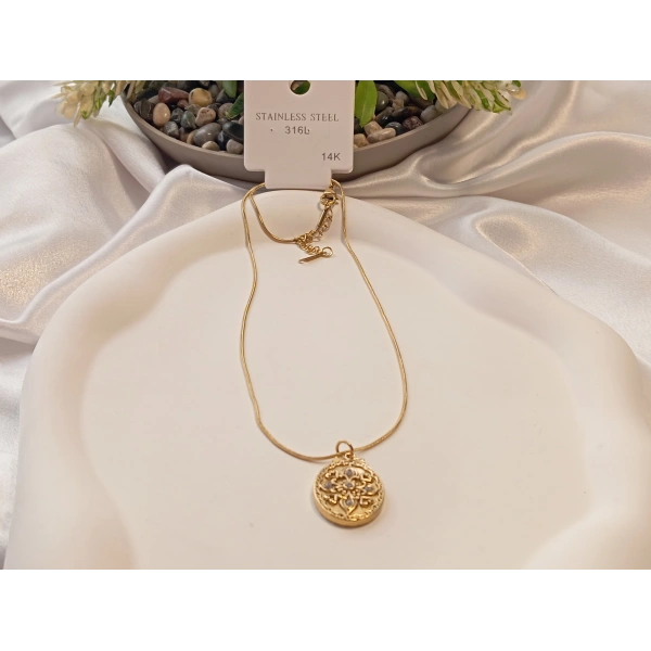 14 K Kaplama Antik Desen Figürlü Çelik Kolye