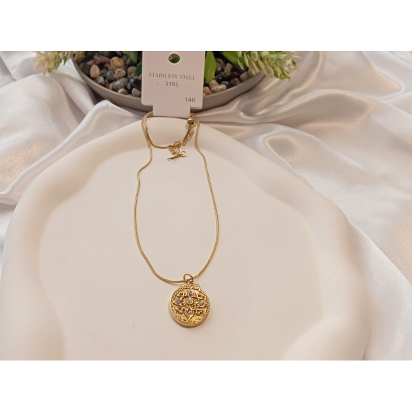 14 K Kaplama Antik Desen Figürlü Çelik Kolye