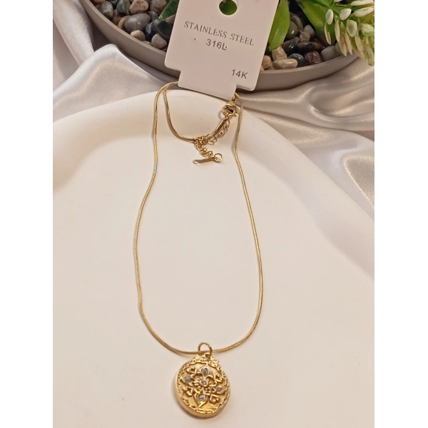 14 K Kaplama Antik Desen Figürlü Çelik Kolye