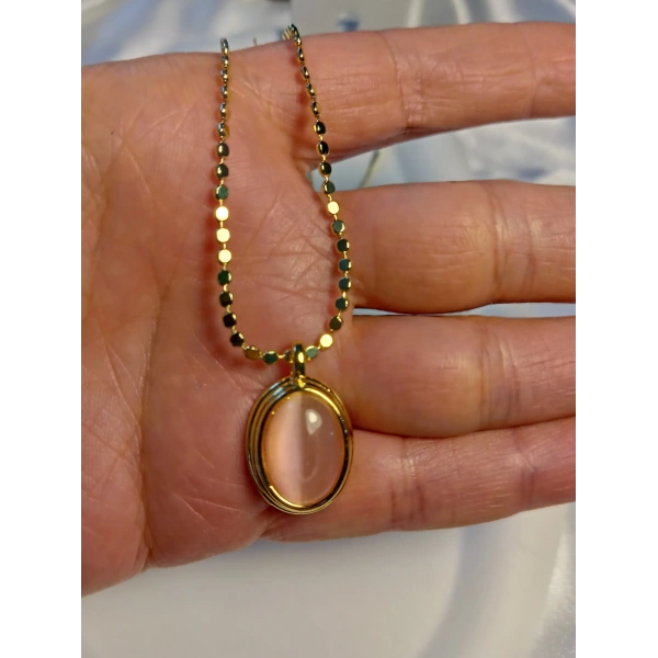 14 K Kaplama 60 cm Ezme Zincir Detaylı Pembe Taşlı Çelik Kolye