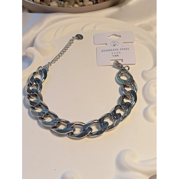 Silver Renk Çelik Kalın Zincir Detaylı Bileklik