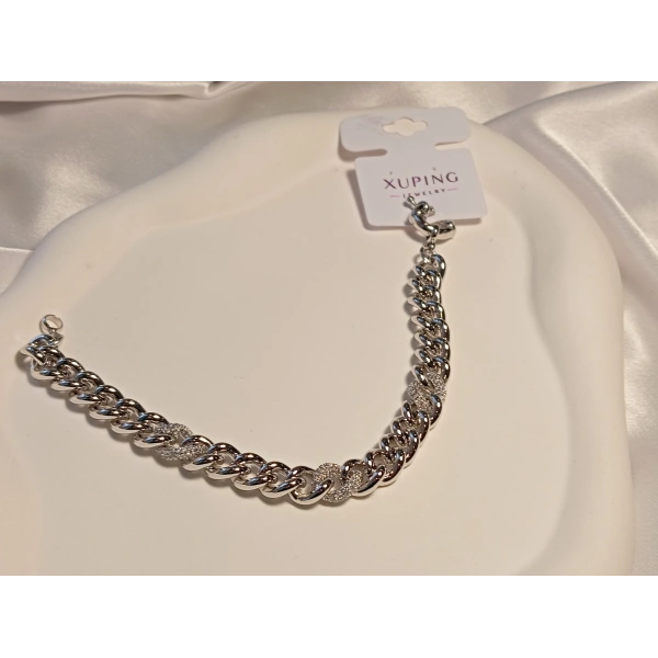 Gümüş Renk Zirkon Taşlı Zincir Detaylı Xuping Jewelry Bileklik