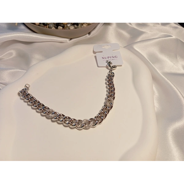 Gümüş Renk Zirkon Taşlı Zincir Detaylı Xuping Jewelry Bileklik