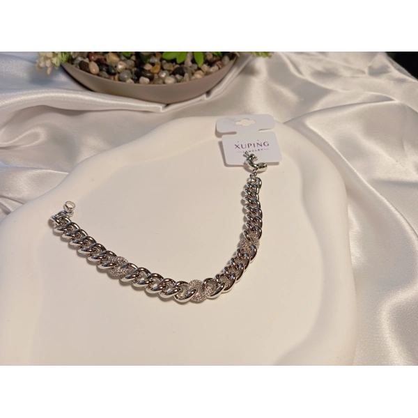Gümüş Renk Zirkon Taşlı Zincir Detaylı Xuping Jewelry Bileklik