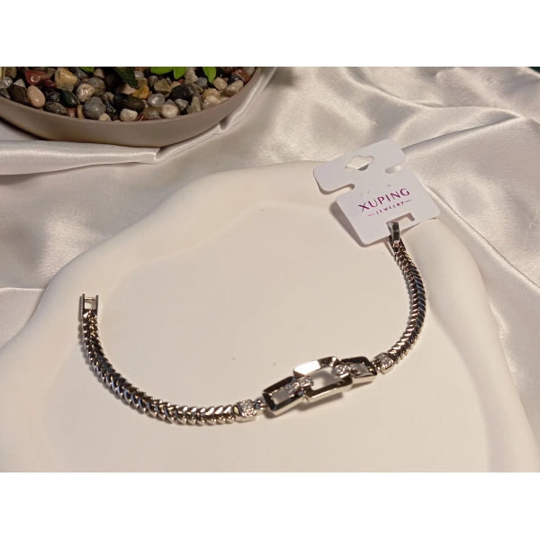 Gümüş Renk Geometrik Desenli Xuping Jewelry Zirkon Taşlı Bileklik 20 cm
