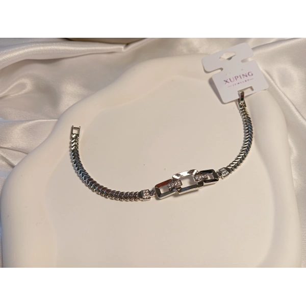 Gümüş Renk Geometrik Desenli Xuping Jewelry Zirkon Taşlı Bileklik 20 cm