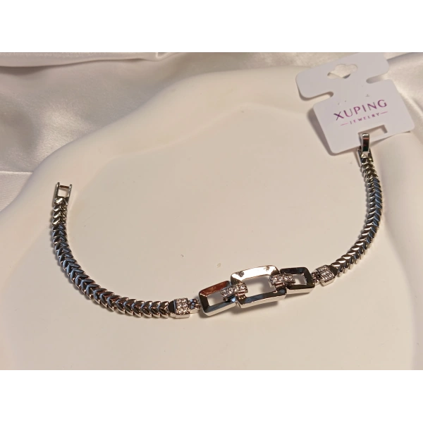 Gümüş Renk Geometrik Desenli Xuping Jewelry Zirkon Taşlı Bileklik 20 cm