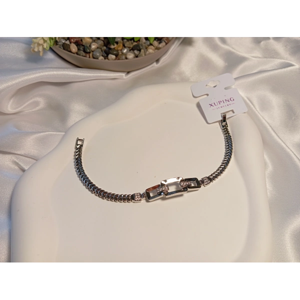 Gümüş Renk Geometrik Desenli Xuping Jewelry Zirkon Taşlı Bileklik 20 cm