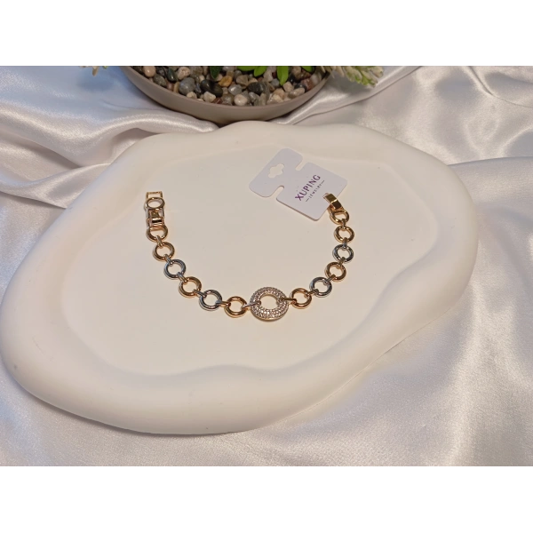 Zirkon Taşlı Halka Detaylı Gümüş ve Rose Renkli Xuping Jewelry Bileklik 17-19 cm