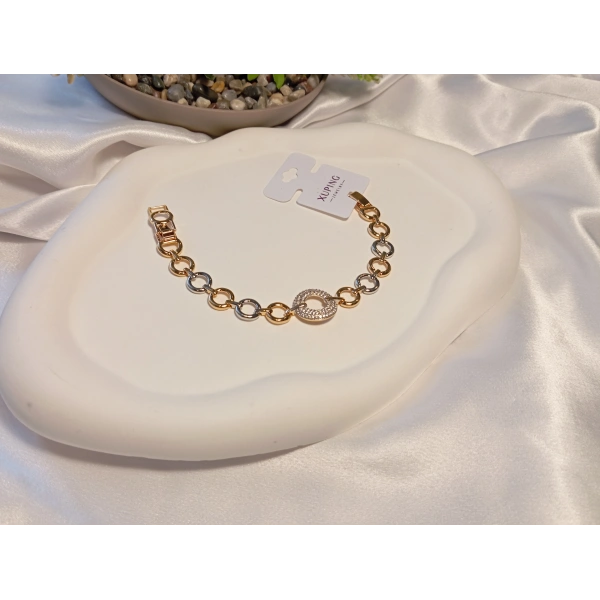 Zirkon Taşlı Halka Detaylı Gümüş ve Rose Renkli Xuping Jewelry Bileklik 17-19 cm