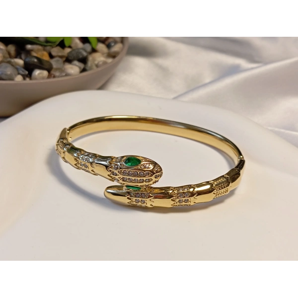 Yeşil Gözlü Yılan Detaylı Zirkon Taşlı Çelik Kelepçe