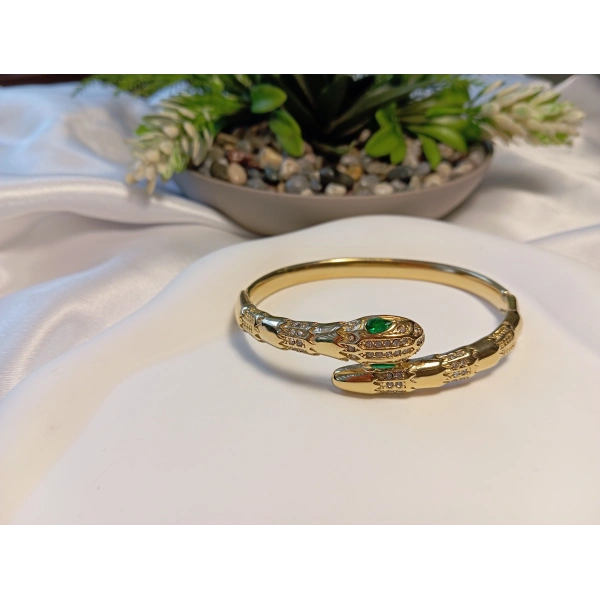 Yeşil Gözlü Yılan Detaylı Zirkon Taşlı Çelik Kelepçe
