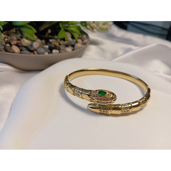 Yeşil Gözlü Yılan Detaylı Zirkon Taşlı Çelik Kelepçe