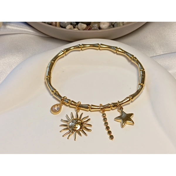 14 K Kaplama Güneş ve Yıldız Charm Detaylı Kelepçe