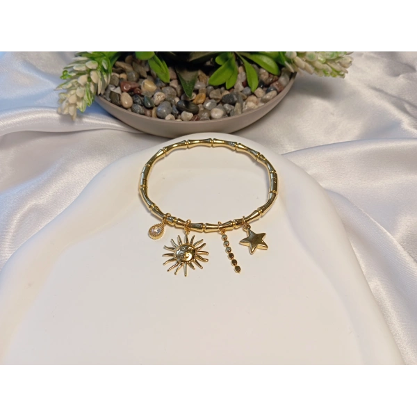 14 K Kaplama Güneş ve Yıldız Charm Detaylı Kelepçe