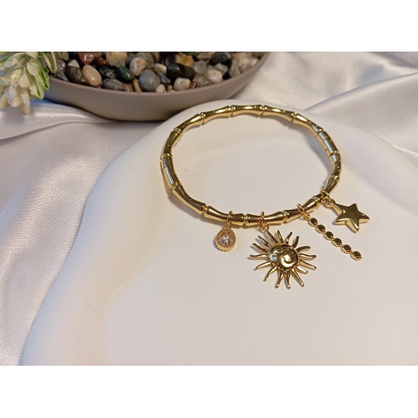 14 K Kaplama Güneş ve Yıldız Charm Detaylı Kelepçe