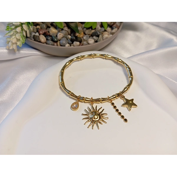 14 K Kaplama Güneş ve Yıldız Charm Detaylı Kelepçe