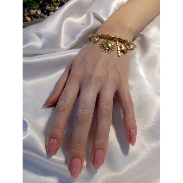 14 K Kaplama Güneş ve Yıldız Charm Detaylı Kelepçe